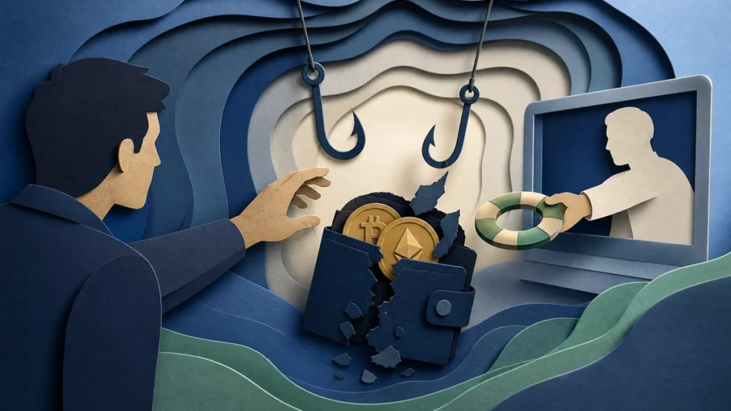 Editorial security illustration for Cryptocurrency Recovery Scams: Why Victims Are Targeted Twice