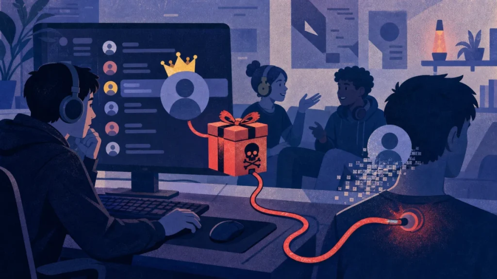 Editorial security illustration for Discord Scams: Fake Moderators, Free Gifts and Account Theft