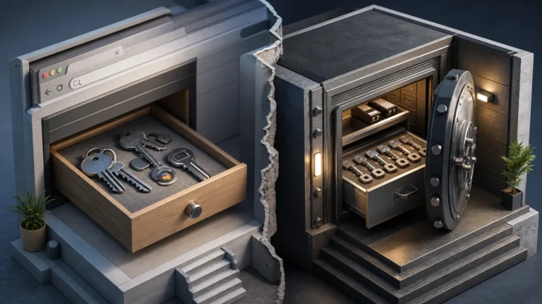 Editorial security illustration for Password Manager vs Browser Password Storage: Which Is Safer?